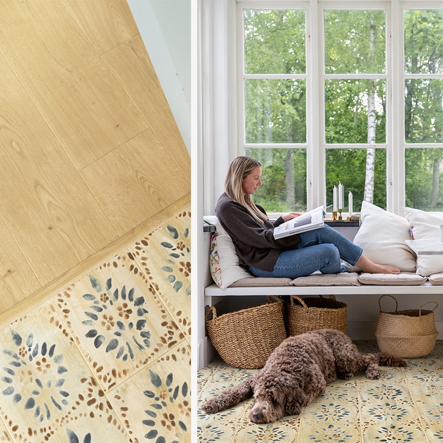 mujeres leyendo un libro en una sala de estar con un suelo laminado con un patrón moderno